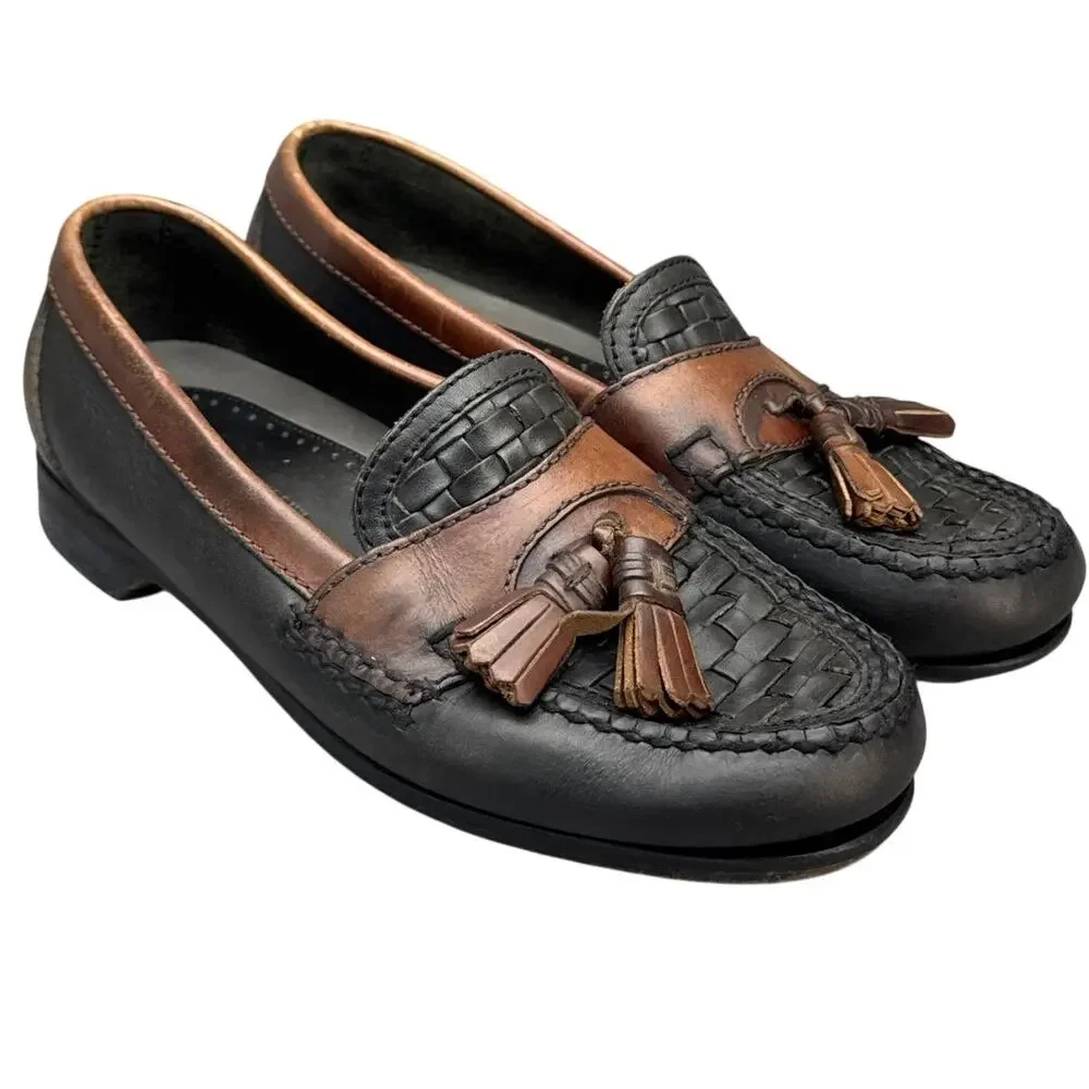 Johnston & Murphy Hayes Black Brown Leather Woven Tassel Slip-On Loafers Men 8